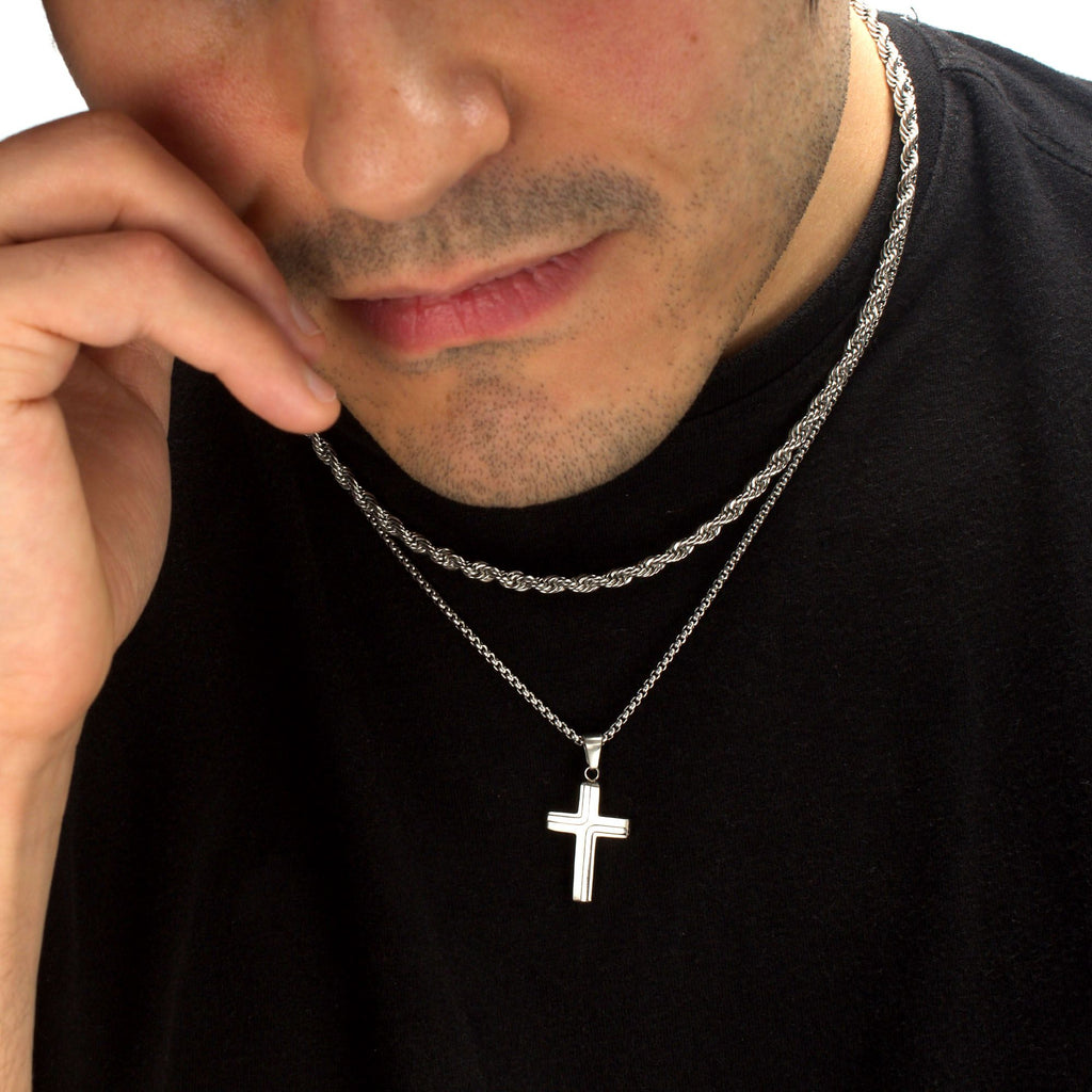 Steel French Rope Chain & Cross Pendant Set set- (ssp15465nk)