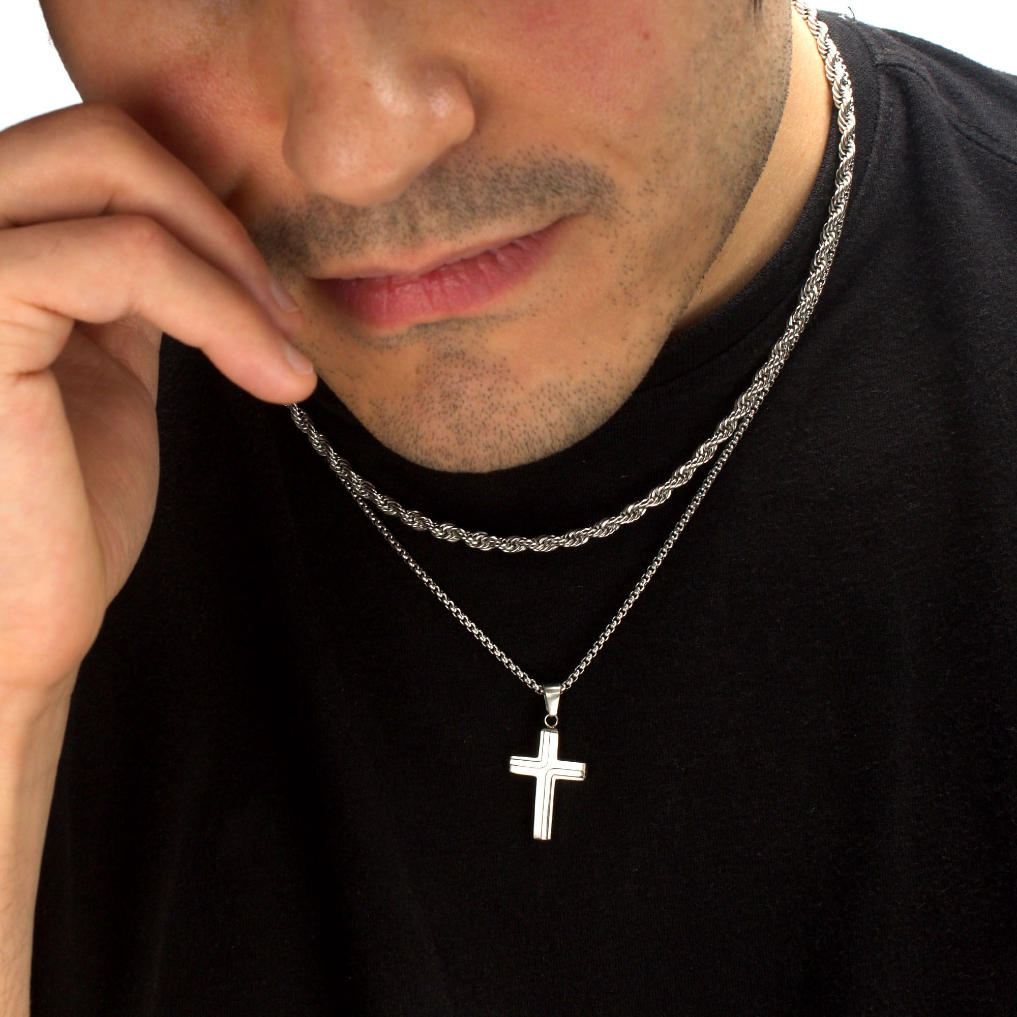 Steel French Rope Chain & Cross Pendant Set set- (ssp15465nk)