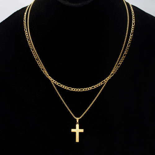 18k Gold Ip Cross Drop Pendant With Round Box Chain (ssp15465nkgp)