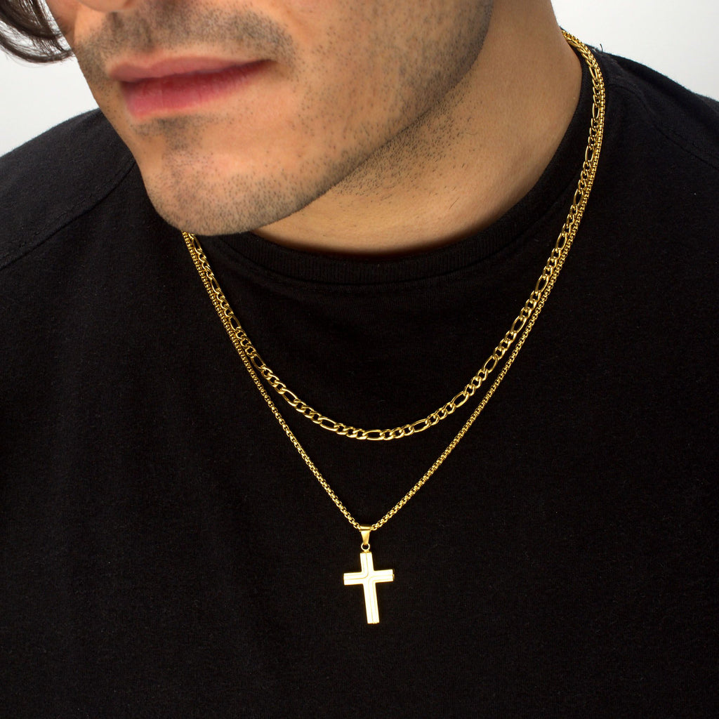 18k Gold Ip Cross Drop Pendant With Round Box Chain (ssp15465nkgp)