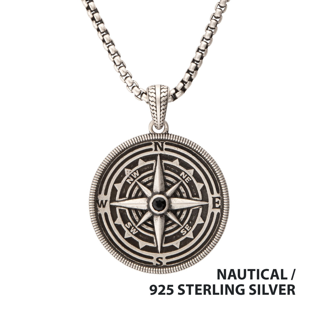 925 Sterling Silver Magellan Compass Pendant with Faceted 2.5mm Black Spinel Gemstone (slvrpnk10kspn)