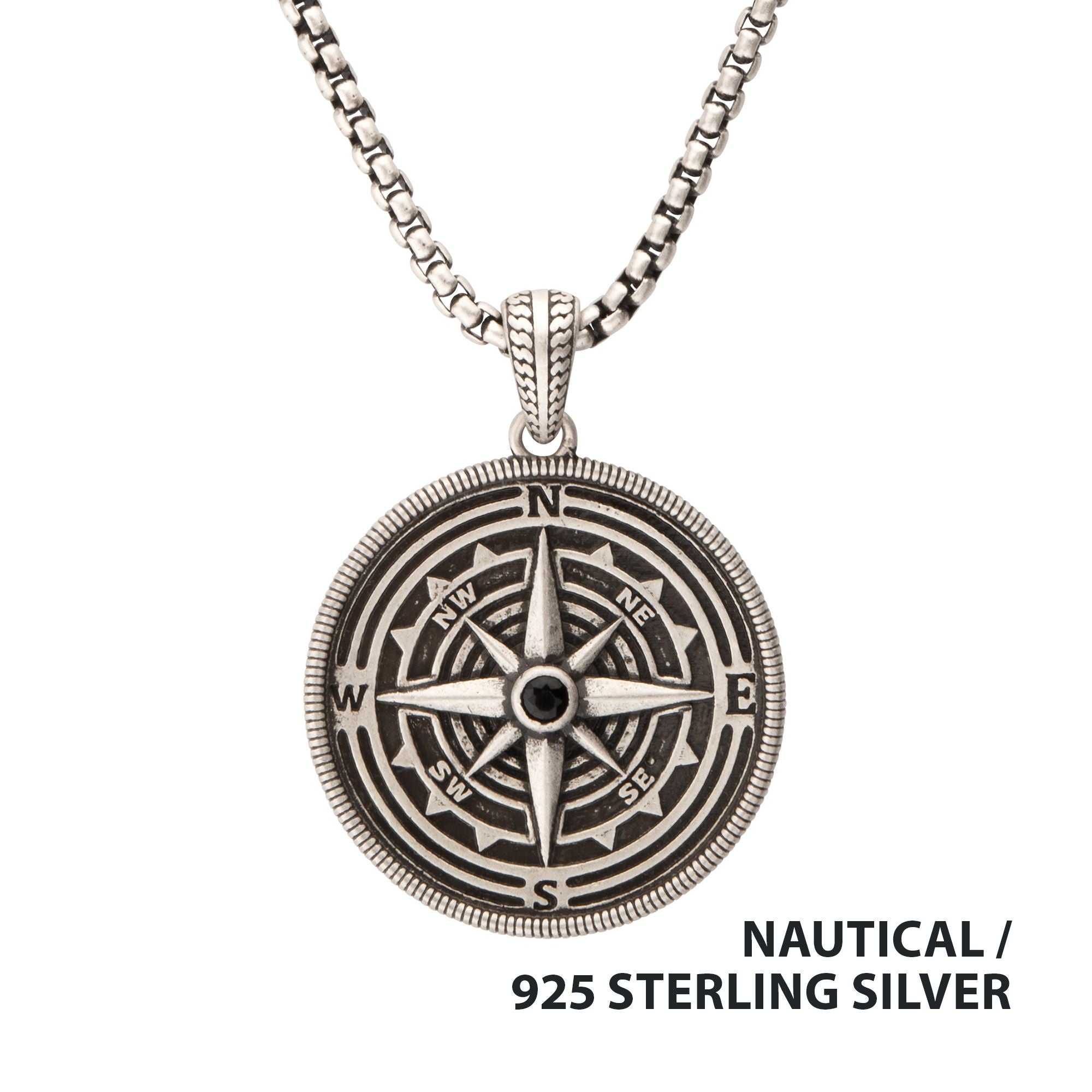 925 Sterling Silver Magellan Compass Pendant with Faceted 2.5mm Black Spinel Gemstone (slvrpnk10kspn)