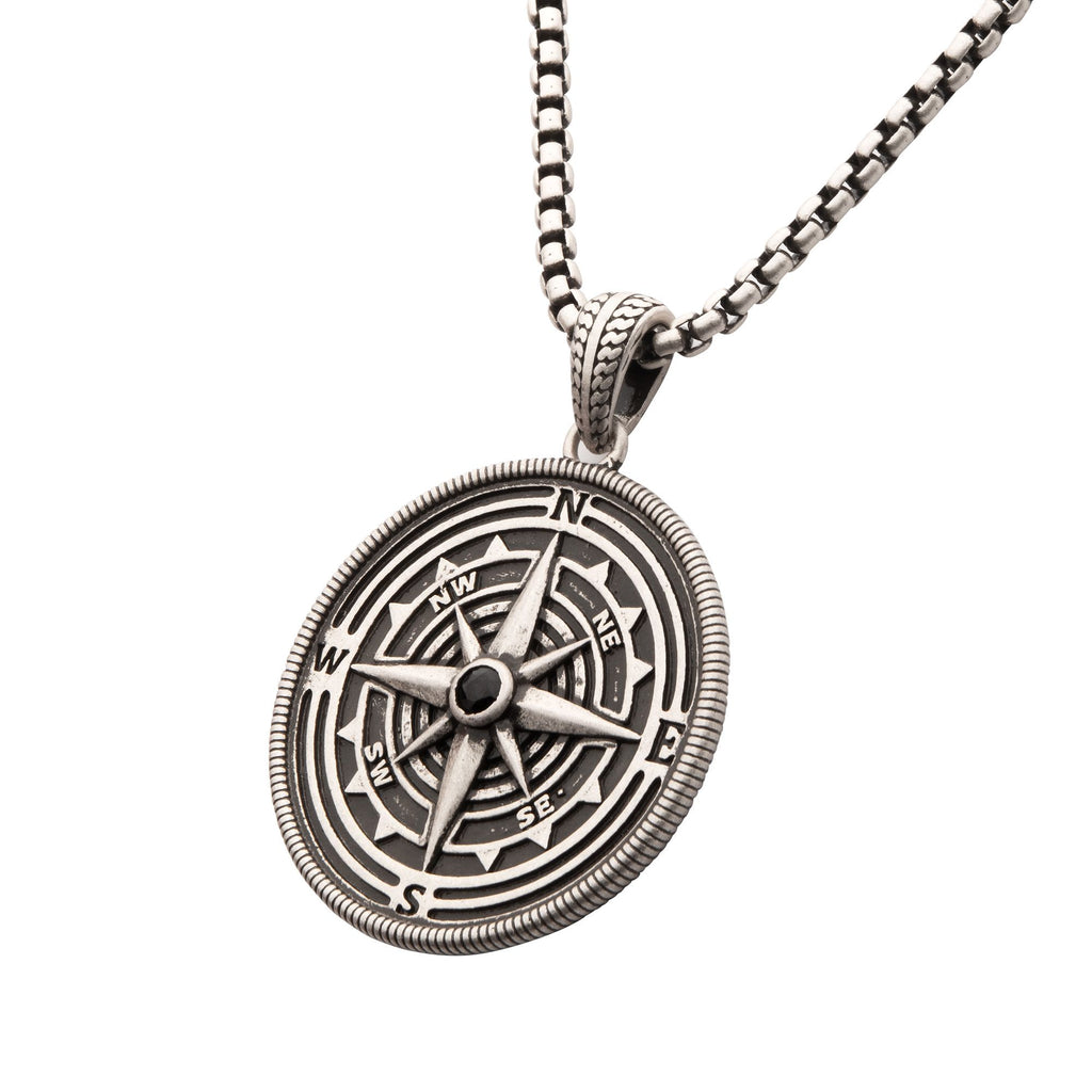 925 Sterling Silver Magellan Compass Pendant with Faceted 2.5mm Black Spinel Gemstone (slvrpnk10kspn)