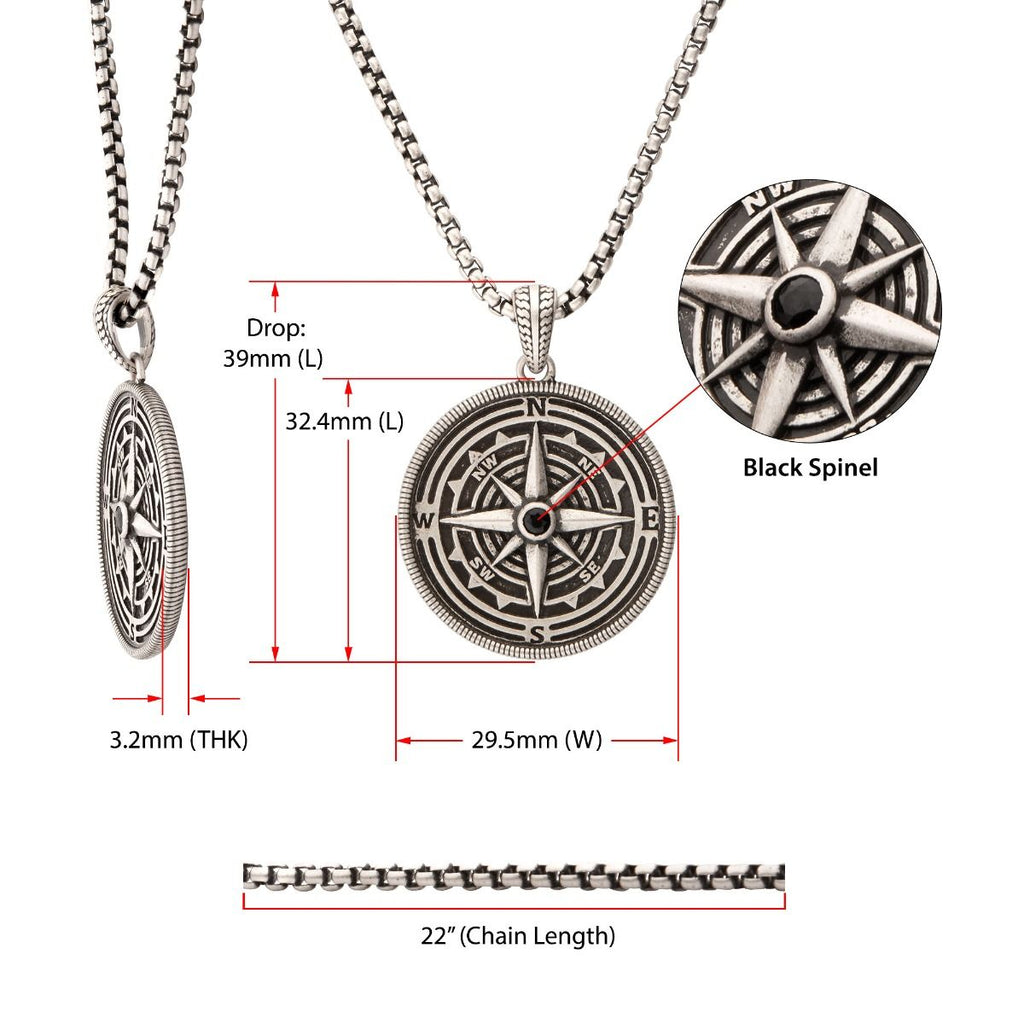925 Sterling Silver Magellan Compass Pendant with Faceted 2.5mm Black Spinel Gemstone (slvrpnk10kspn)