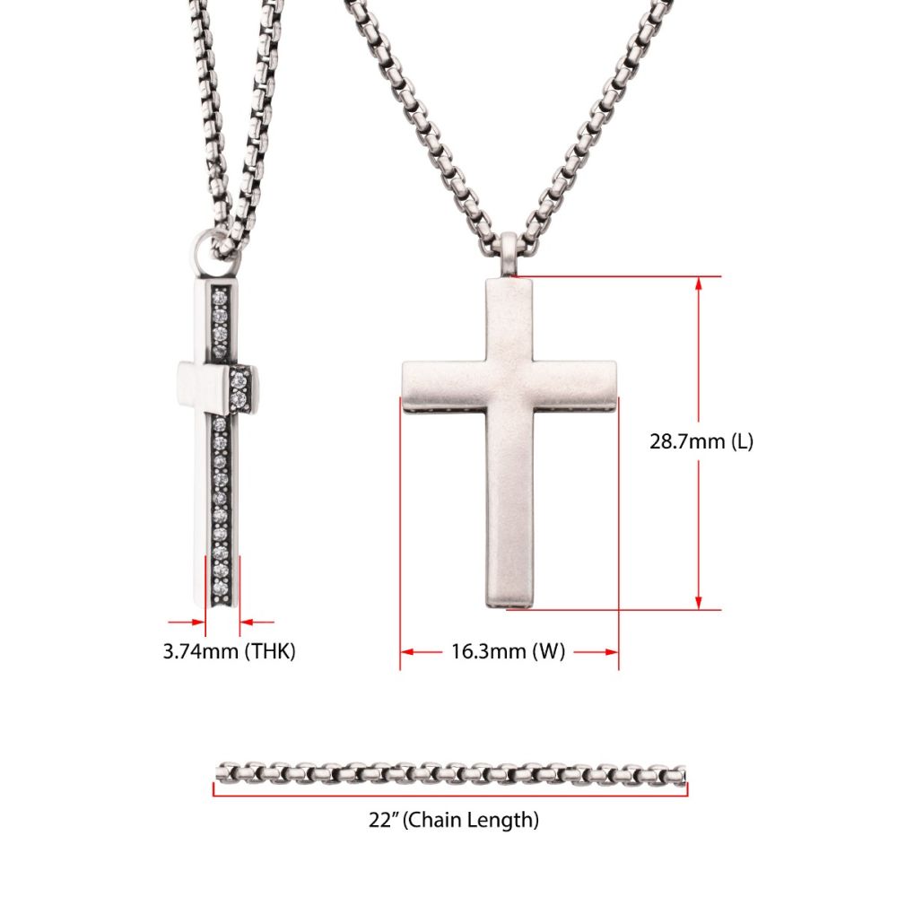 925 Sterling Silver Side Gem Cross Pendant with Antiqued Finish Box Chain