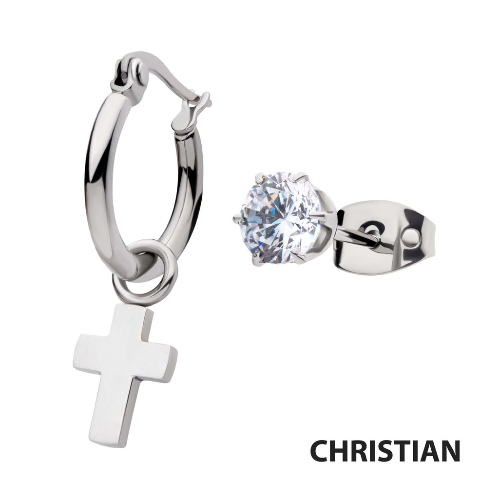 Steel Dangling Cross Hoop Prong Set Cz Stud Mismatched Earrings (sseh112-bp)