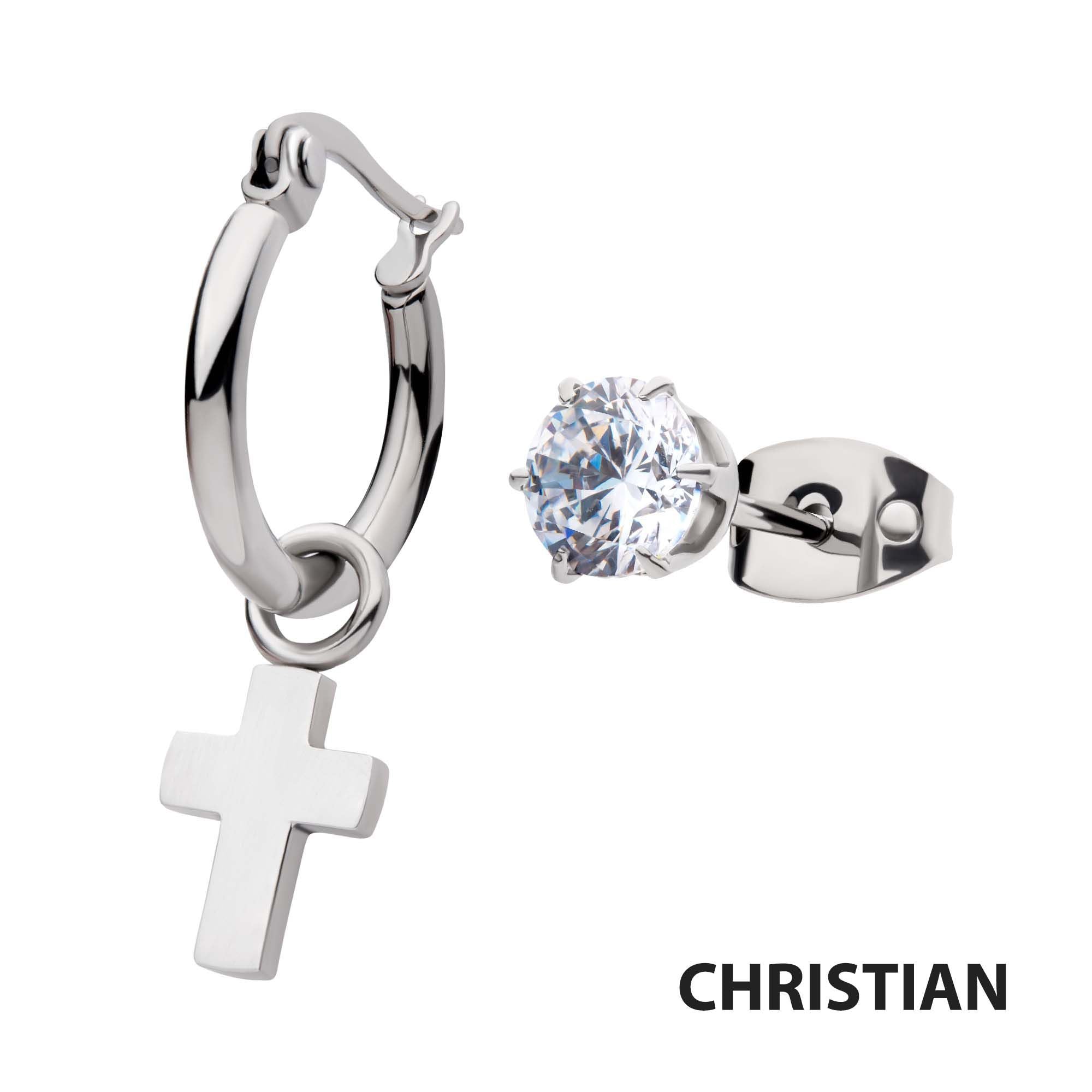 Steel Dangling Cross Hoop Prong Set Cz Stud Mismatched Earrings (sseh112-bp)