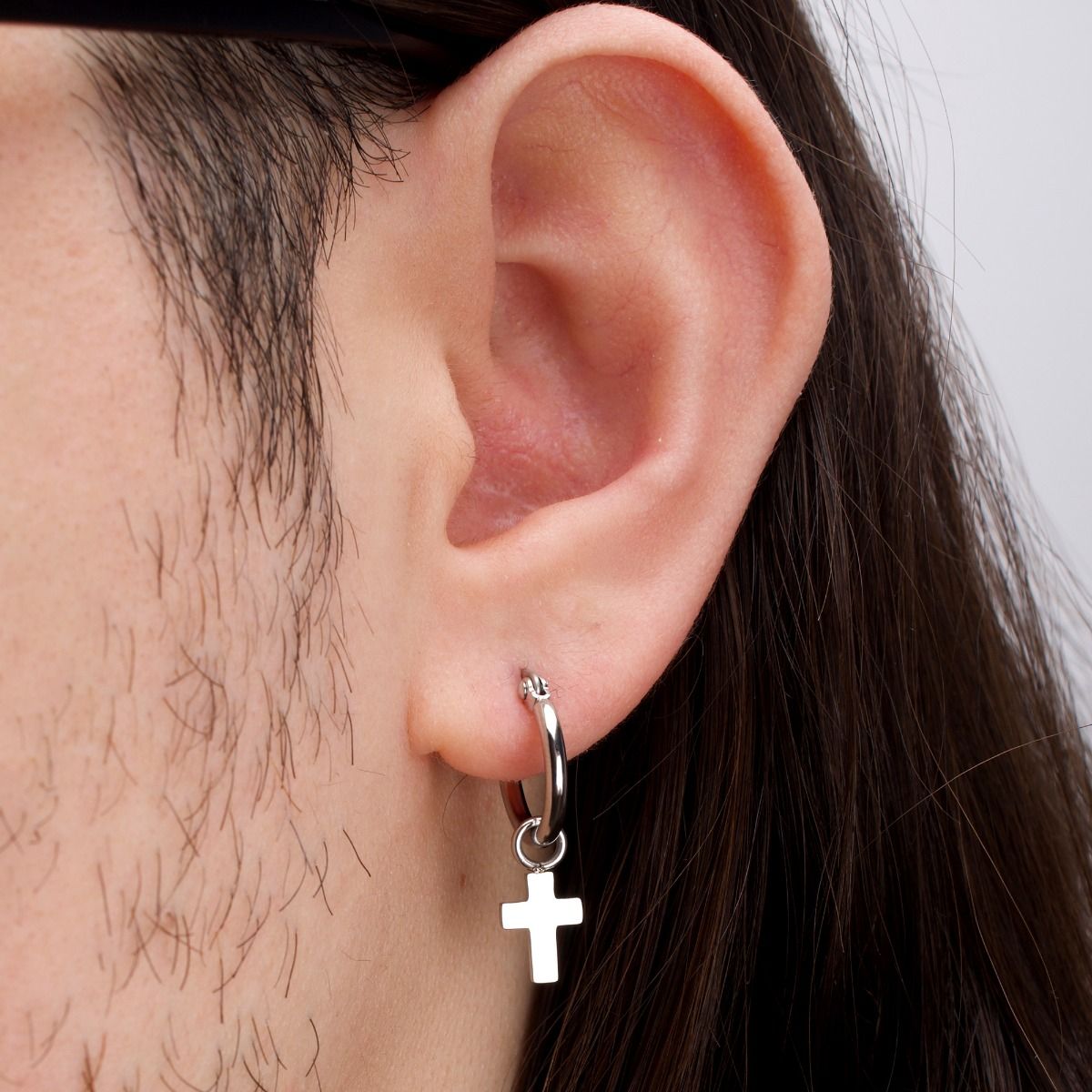 Steel Dangling Cross Hoop Prong Set Cz Stud Mismatched Earrings (sseh112-bp)