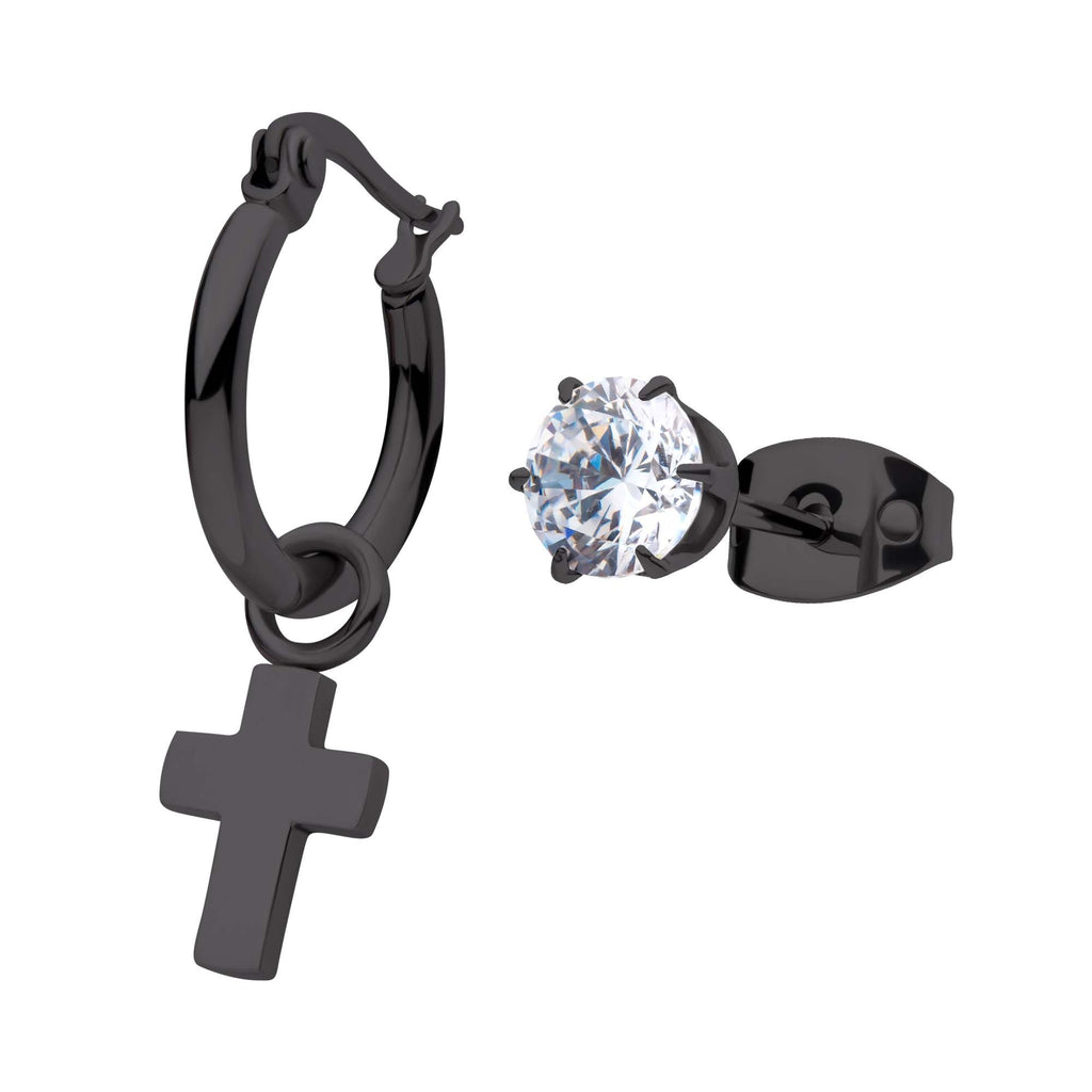 Black Plated Dangling Cross Hoop Prong Set Cz Stud Mismatched Earrings (sseh112mb-bp)