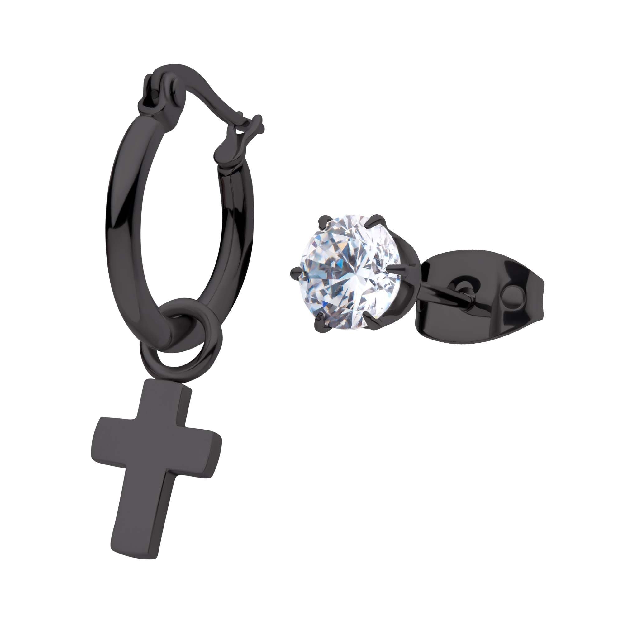 Black Plated Dangling Cross Hoop Prong Set Cz Stud Mismatched Earrings (sseh112mb-bp)