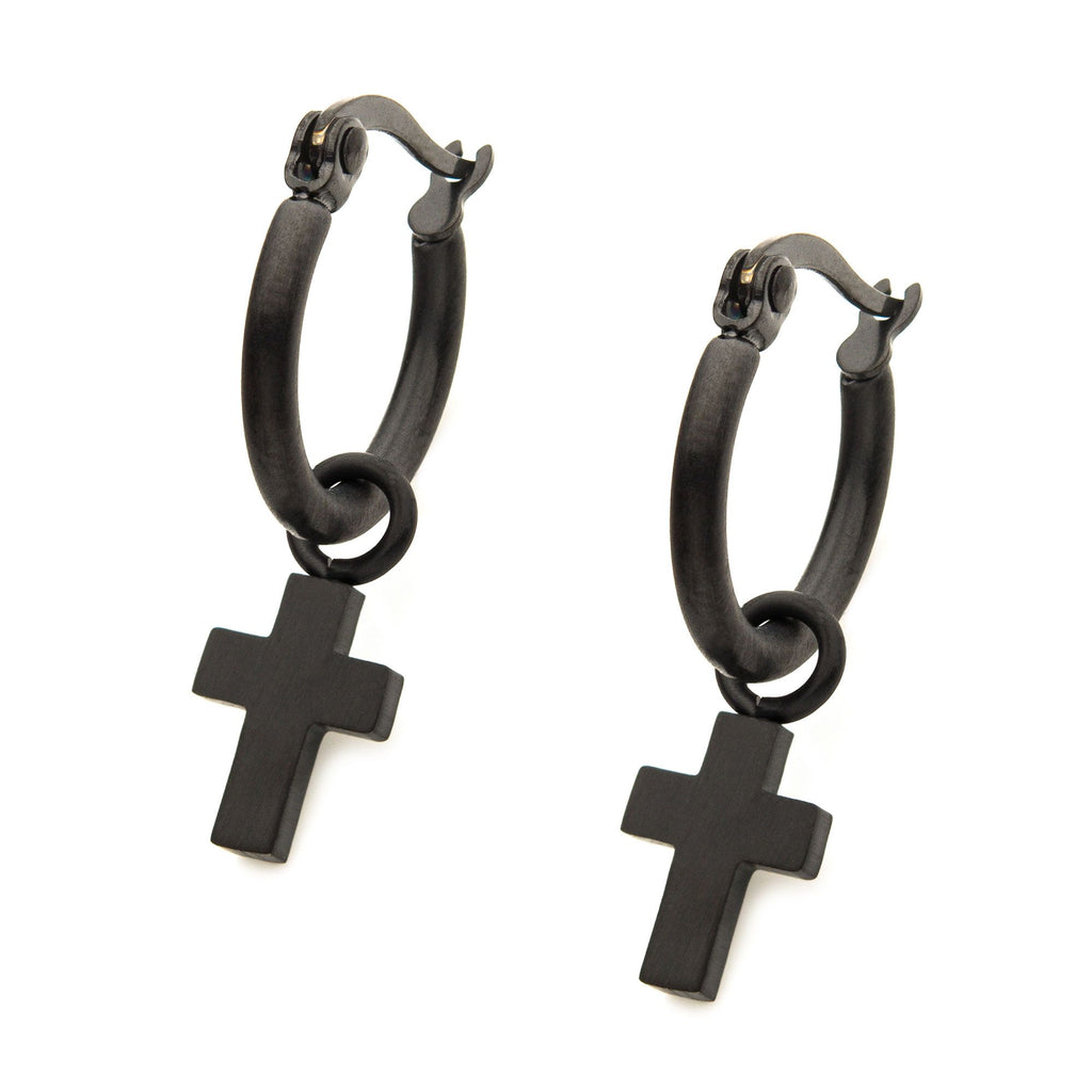 Matte Black Plated Hoop With Cross Dangle Earrings (sseh112mb)