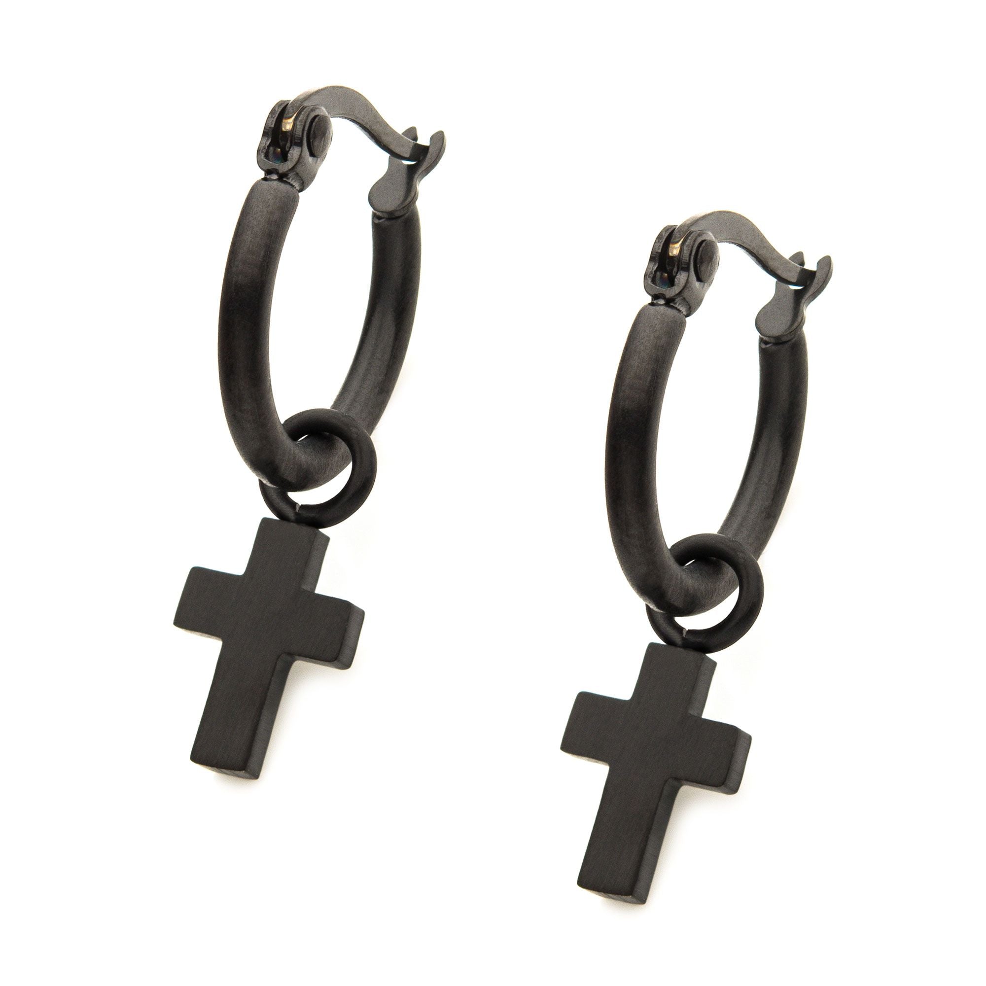 Matte Black Plated Hoop With Cross Dangle Earrings (sseh112mb)
