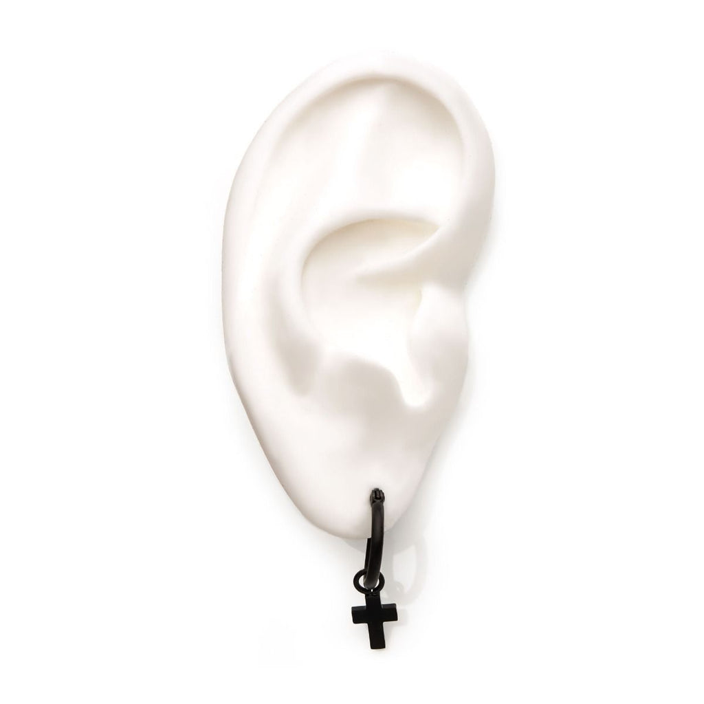 Matte Black Plated Hoop With Cross Dangle Earrings (sseh112mb)
