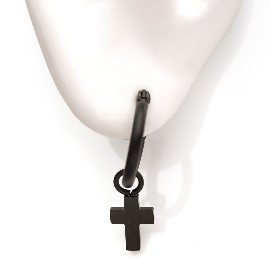 Matte Black Plated Hoop With Cross Dangle Earrings (sseh112mb)