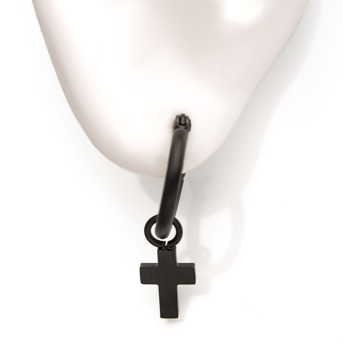 Matte Black Plated Hoop With Cross Dangle Earrings (sseh112mb)