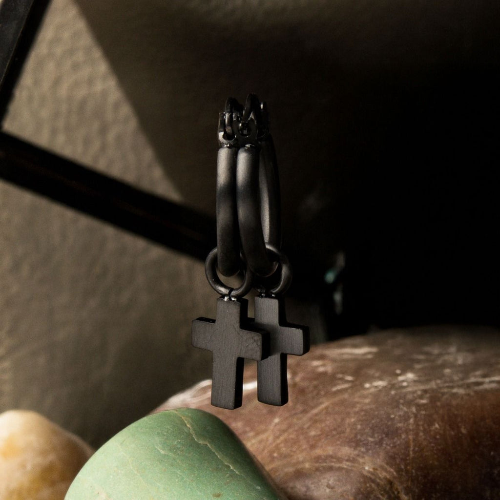 Matte Black Plated Hoop With Cross Dangle Earrings (sseh112mb)