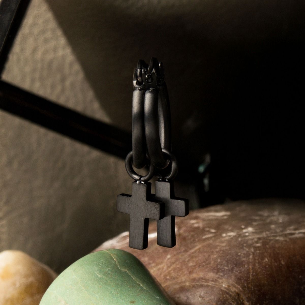 Matte Black Plated Hoop With Cross Dangle Earrings (sseh112mb)