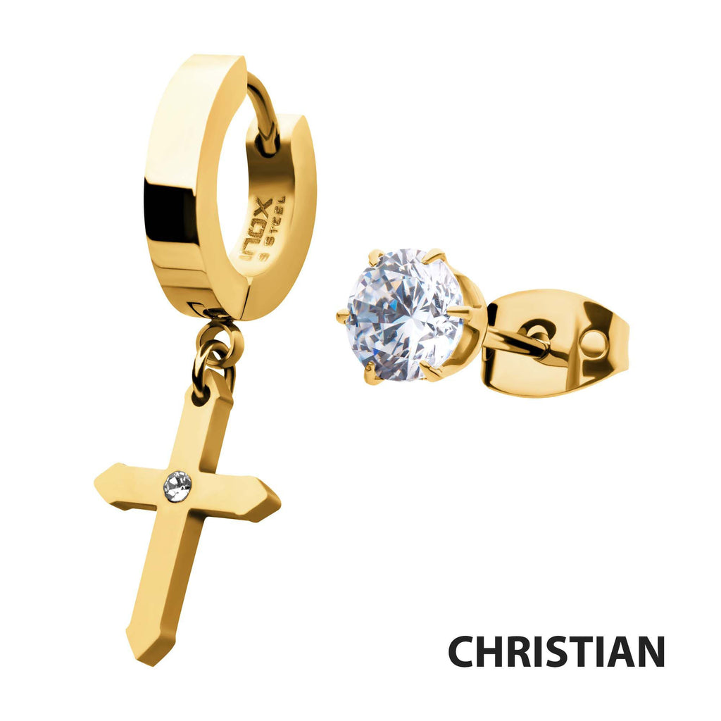 Gold Plated Dangling Cross With Cz Huggie Prong Set Cz Stud Mismatched Earrings (sseh823g-bp)