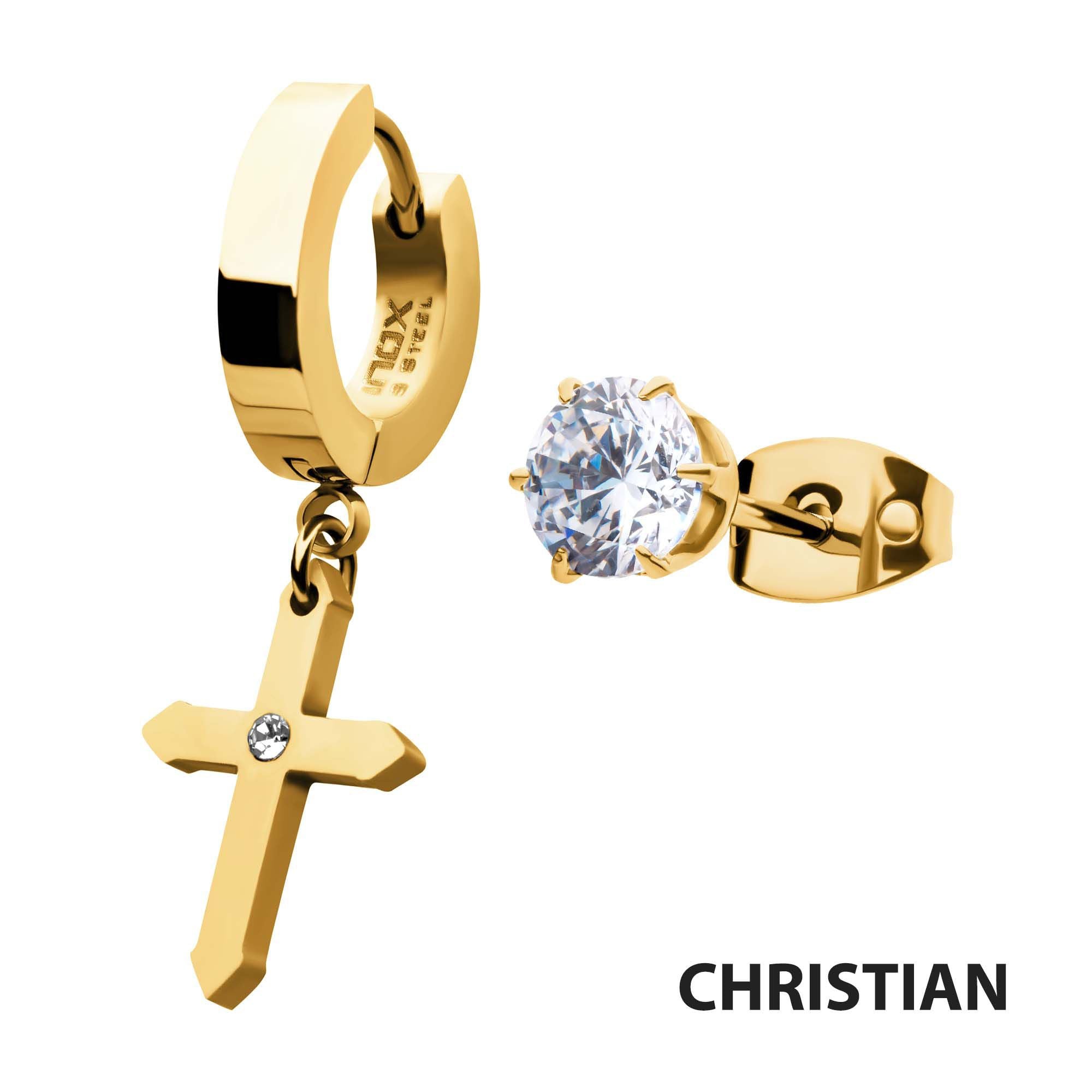 Gold Plated Dangling Cross With Cz Huggie Prong Set Cz Stud Mismatched Earrings (sseh823g-bp)