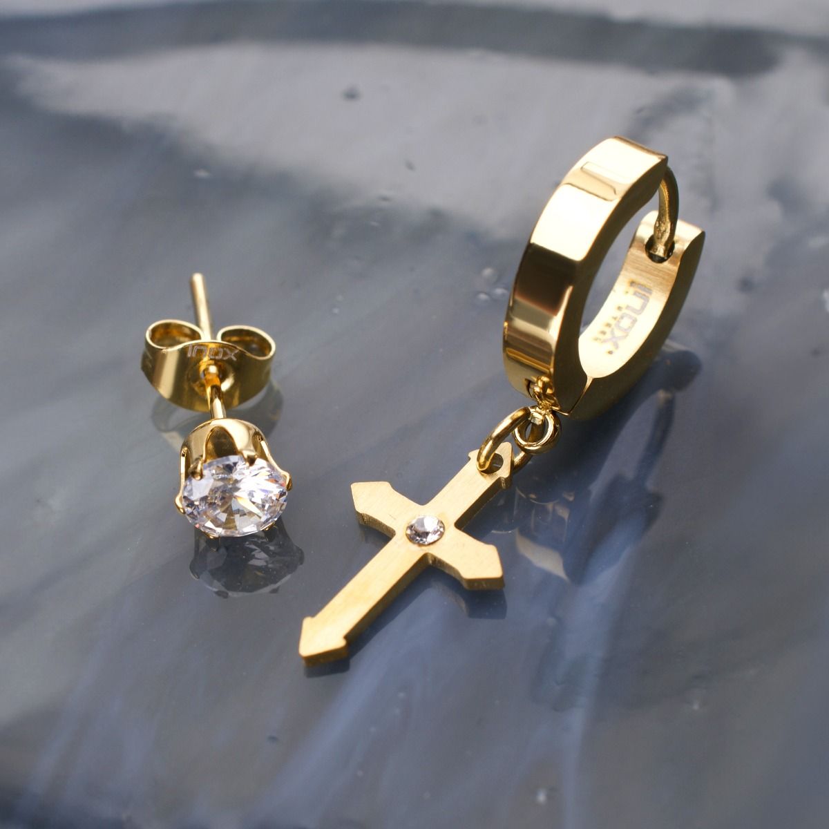 Gold Plated Dangling Cross With Cz Huggie Prong Set Cz Stud Mismatched Earrings (sseh823g-bp)