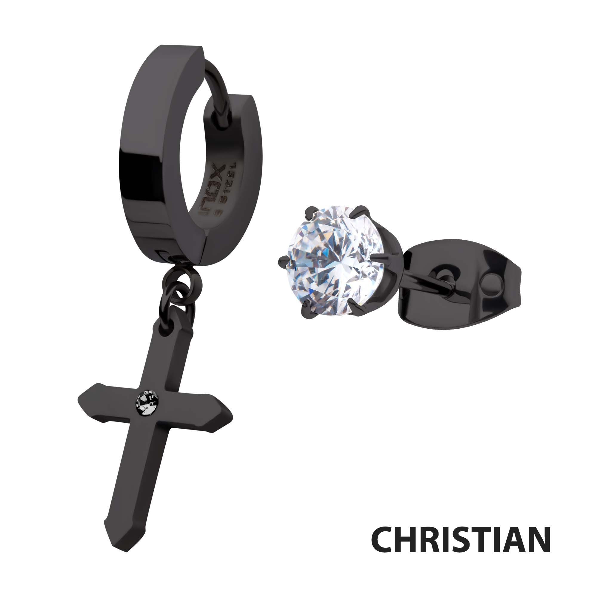 Black Plated Dangling Cross With Cz Huggie Prong Set Cz Stud Mismatched Earrings (sseh823k-bp)
