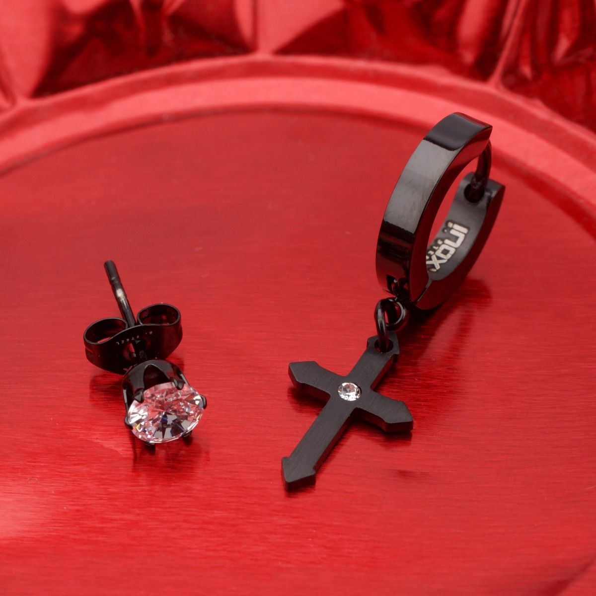 Black Plated Dangling Cross With Cz Huggie Prong Set Cz Stud Mismatched Earrings (sseh823k-bp)
