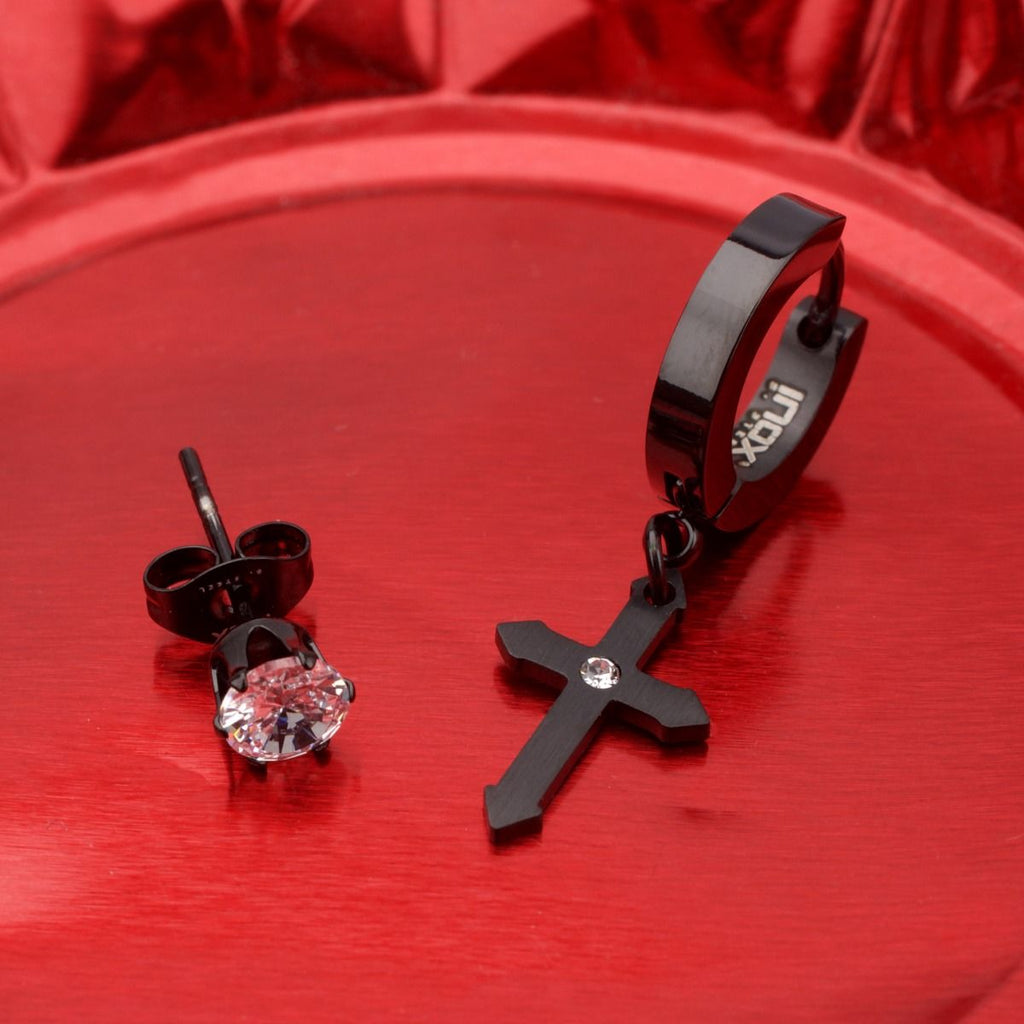 Black Plated Dangling Cross With Cz Huggie Prong Set Cz Stud Mismatched Earrings (sseh823k-bp)