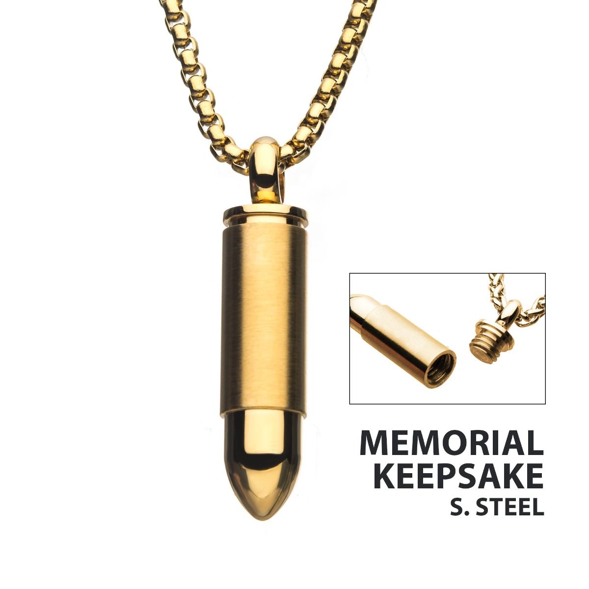 Stainless Steel & Gold IP Memorial Bullet Pendant with Gold IP Chain