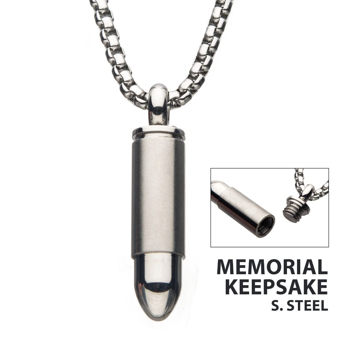 Stainless Steel Memorial Bullet Pendant With Steel Box Chain (ssp1128nk)