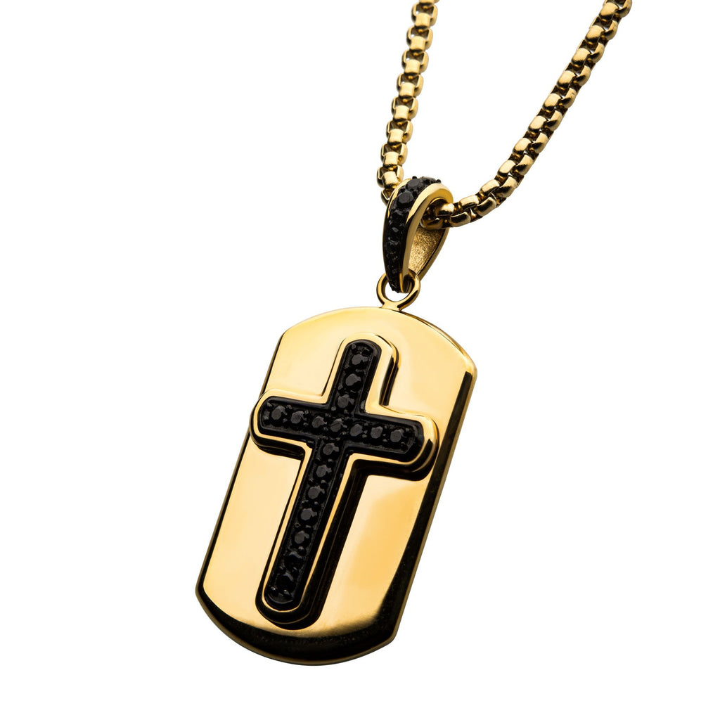 Black Plated Cross With Black Cz Inlay And 18k Gold Plated Dog Tag Pendant With Steel Box Chain (ssp13992gpnk)