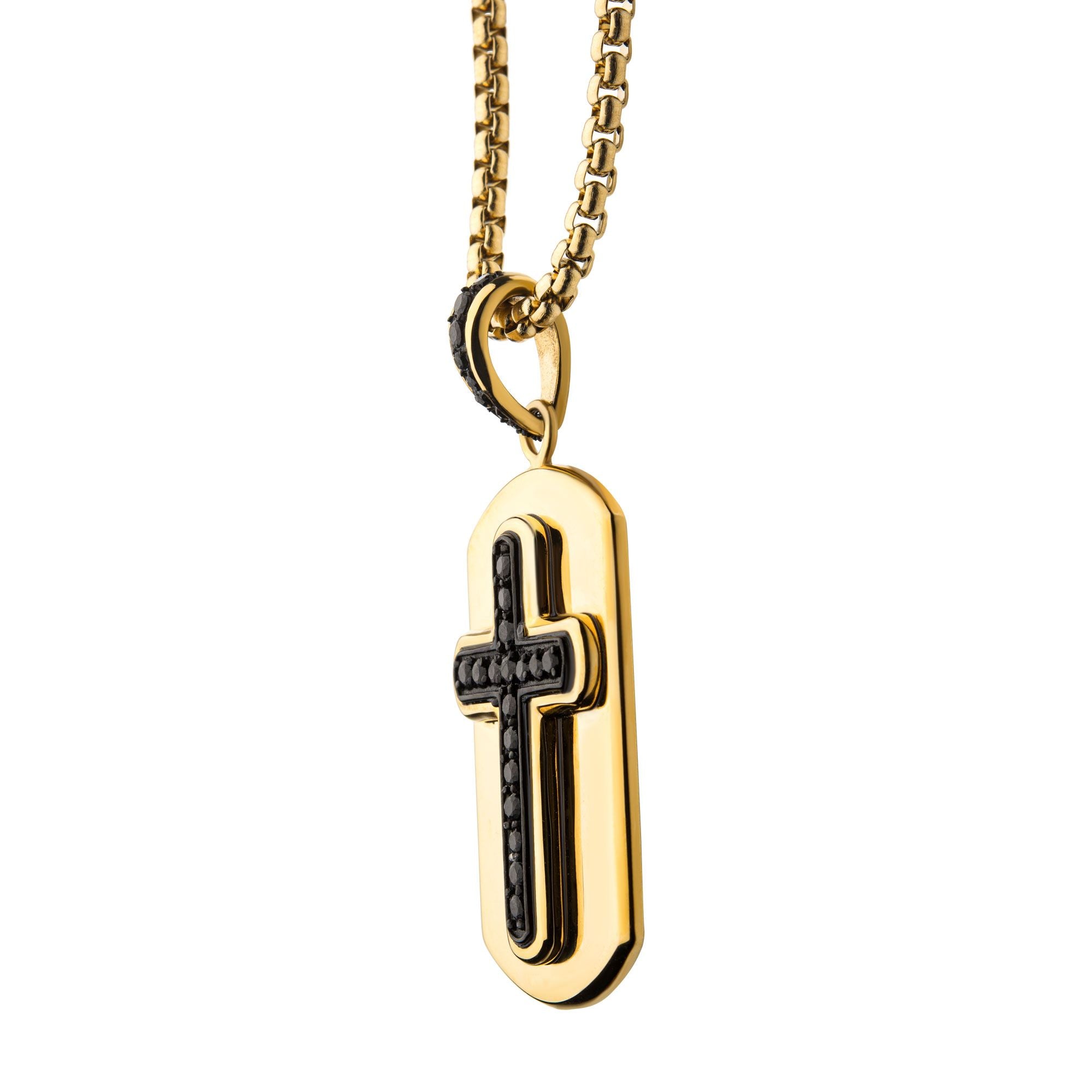 Black Plated Cross With Black Cz Inlay And 18k Gold Plated Dog Tag Pendant With Steel Box Chain (ssp13992gpnk)