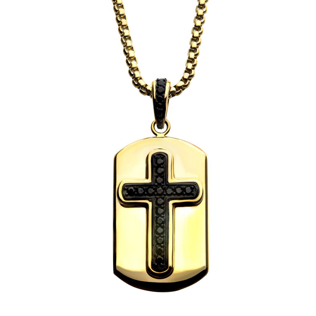 Black Plated Cross With Black Cz Inlay And 18k Gold Plated Dog Tag Pendant With Steel Box Chain (ssp13992gpnk)