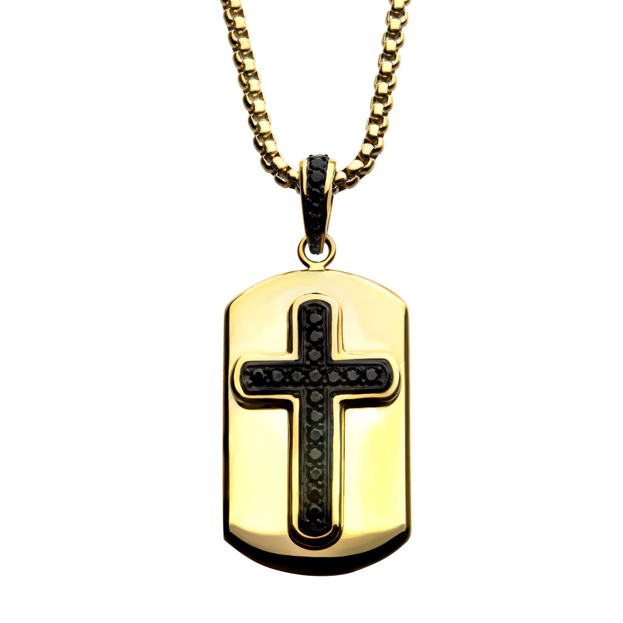 Black Plated Cross With Black Cz Inlay And 18k Gold Plated Dog Tag Pendant With Steel Box Chain (ssp13992gpnk)