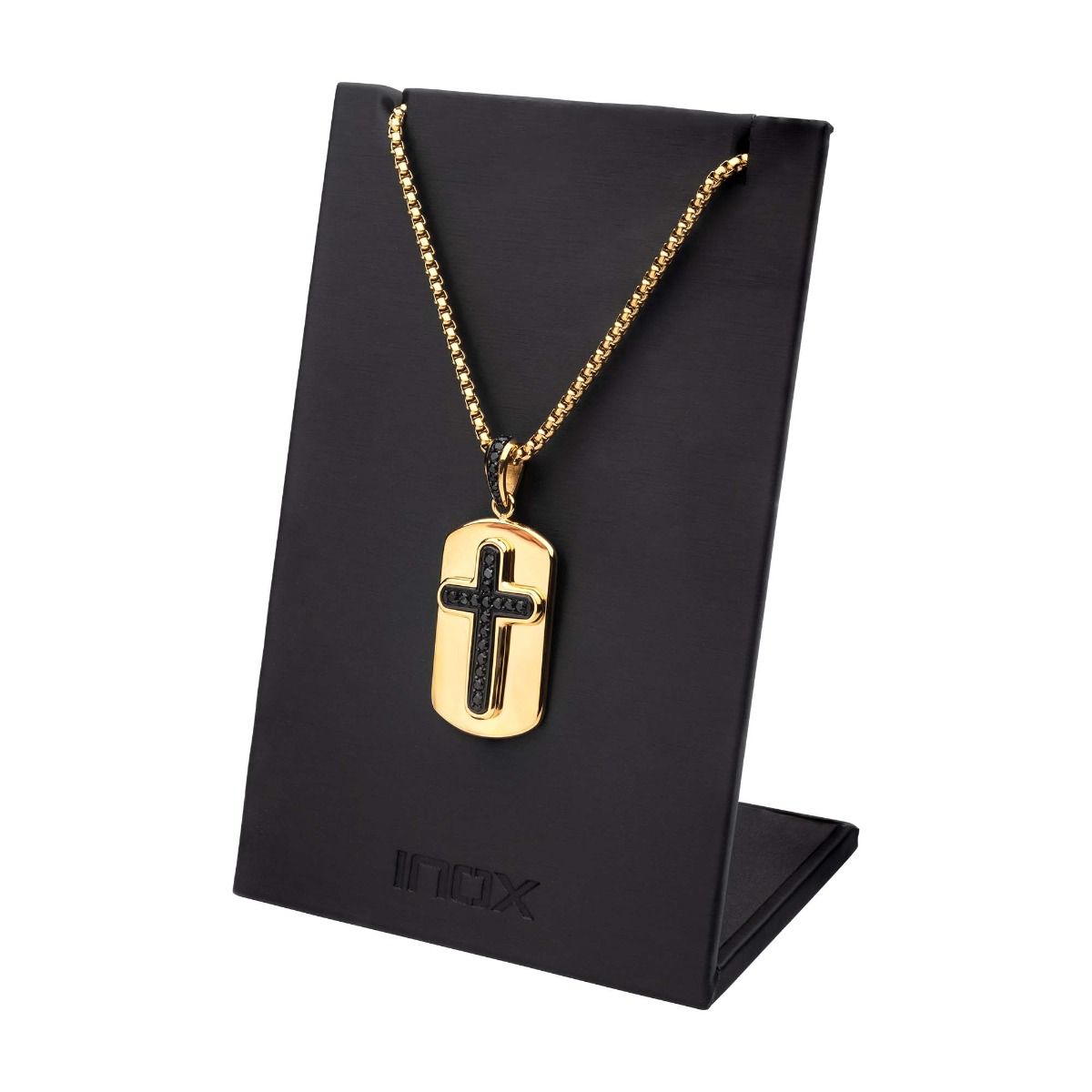 Black Plated Cross With Black Cz Inlay And 18k Gold Plated Dog Tag Pendant With Steel Box Chain (ssp13992gpnk)