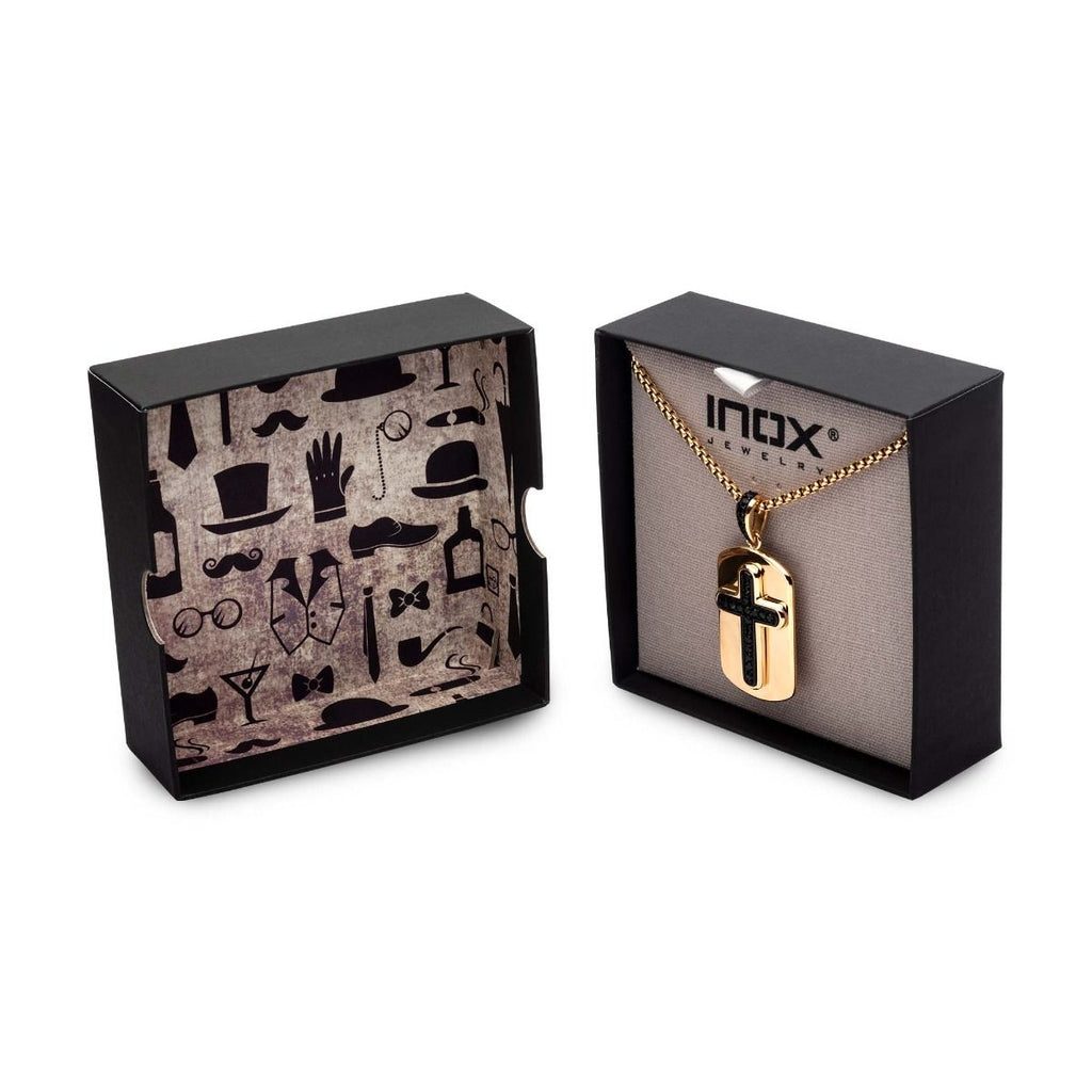 Black Plated Cross With Black Cz Inlay And 18k Gold Plated Dog Tag Pendant With Steel Box Chain (ssp13992gpnk)