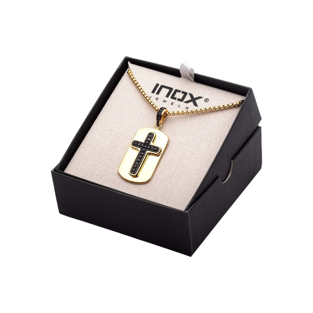 Black Plated Cross With Black Cz Inlay And 18k Gold Plated Dog Tag Pendant With Steel Box Chain (ssp13992gpnk)
