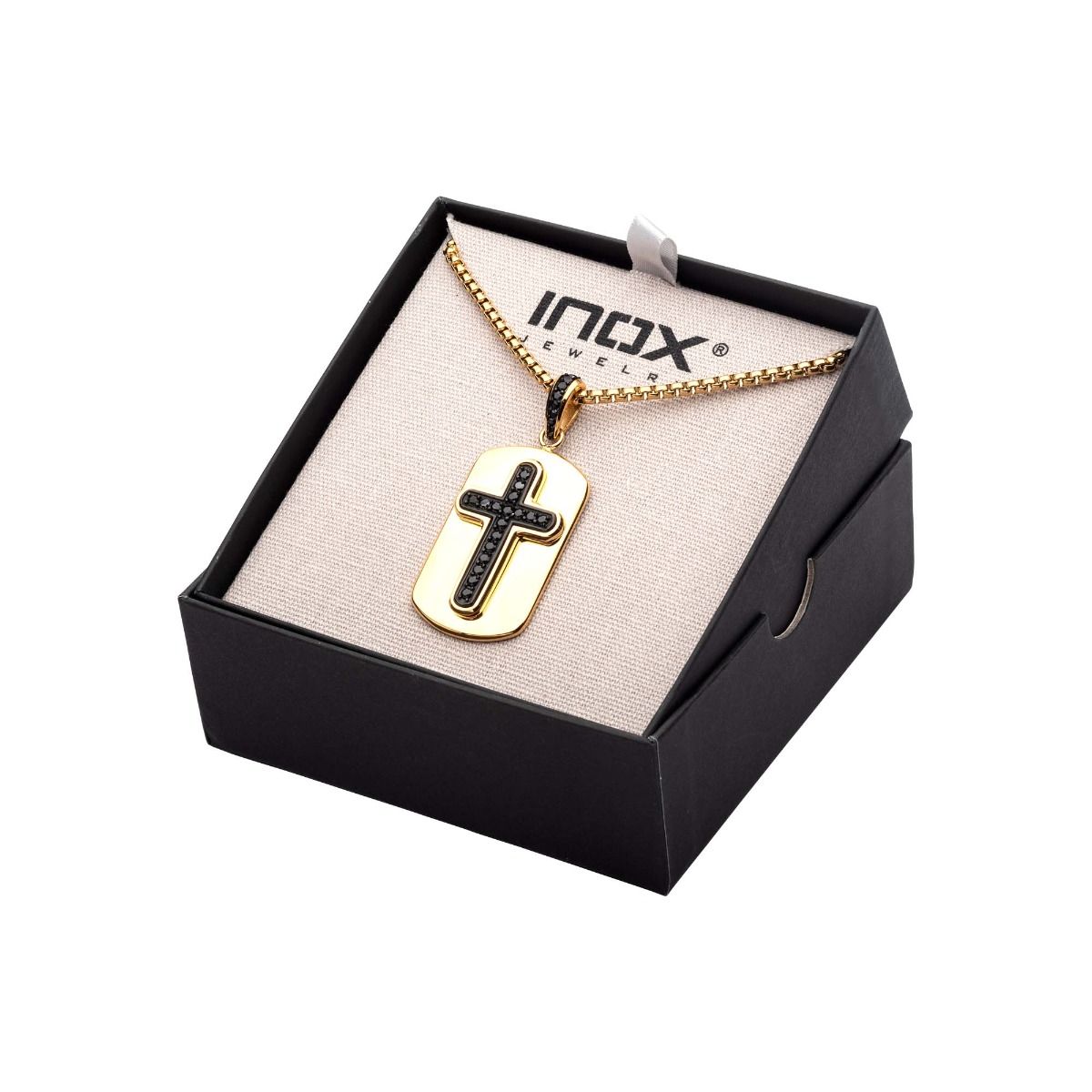 Black Plated Cross With Black Cz Inlay And 18k Gold Plated Dog Tag Pendant With Steel Box Chain (ssp13992gpnk)