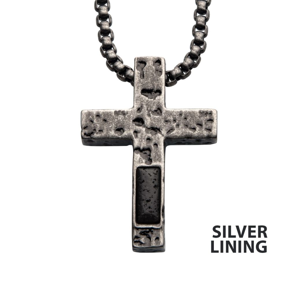 Stainless Steel Silver Plated Cross Pendant With Lava Stone Pendant With Steel Box Chain