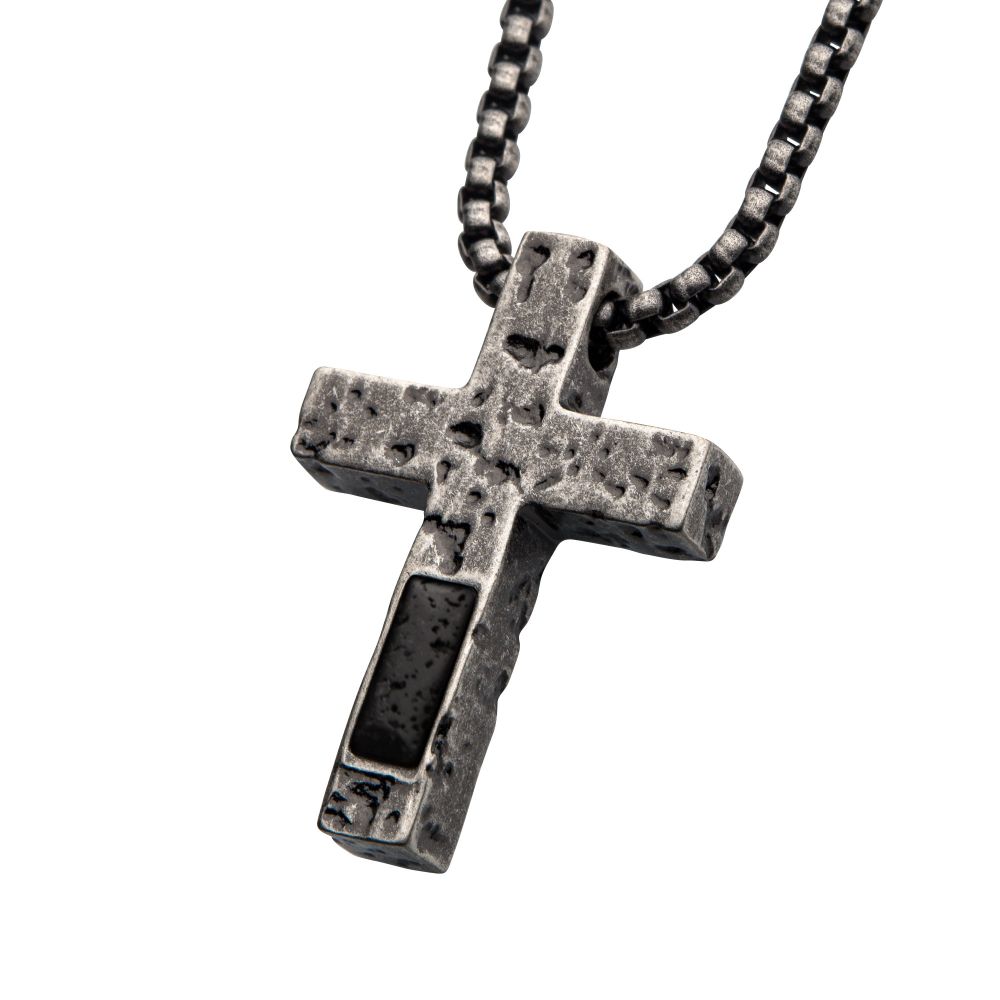Stainless Steel Silver Plated Cross Pendant With Lava Stone Pendant With Steel Box Chain