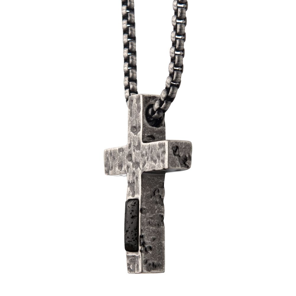 Stainless Steel Silver Plated Cross Pendant With Lava Stone Pendant With Steel Box Chain