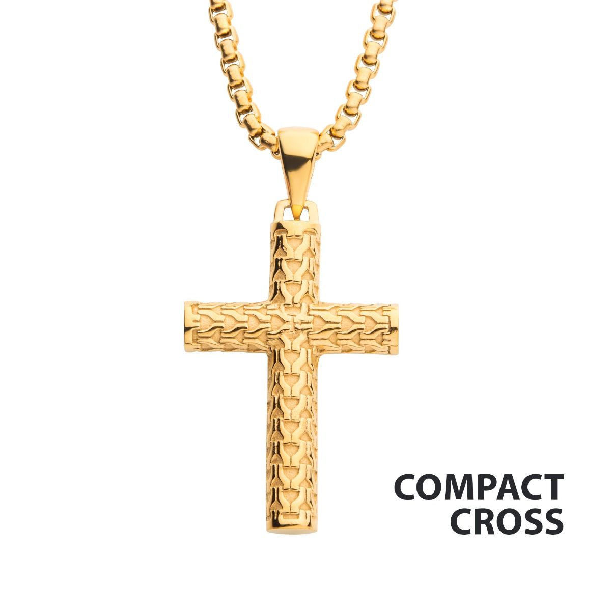 polished 18k Gold Ip Scale Cross Drop Pendant With Bold Box Chain