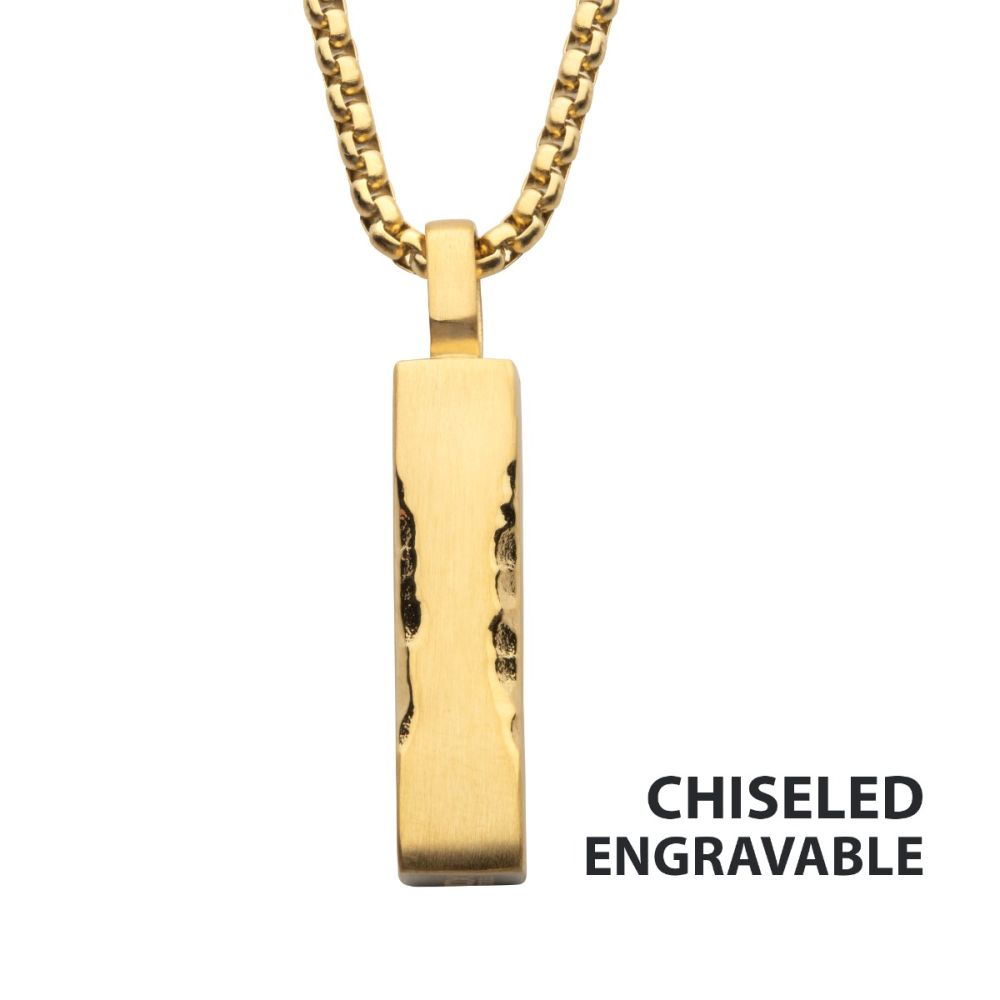 Matte 18k Gold Ip Chiseled Engravable Drop Pendant With Box Chain