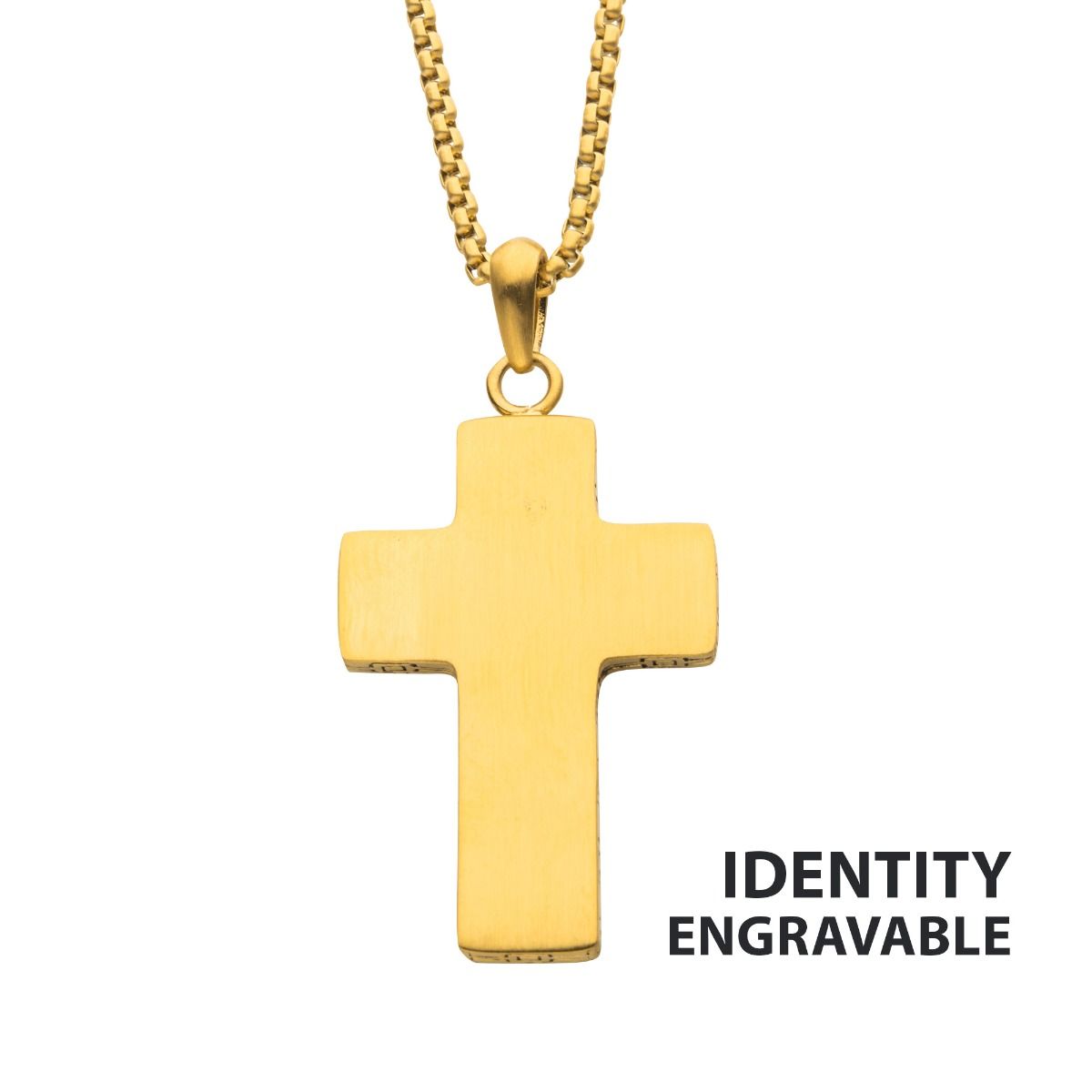 18kt Gold IP Engravable Cross Pendant with Round Box Chain