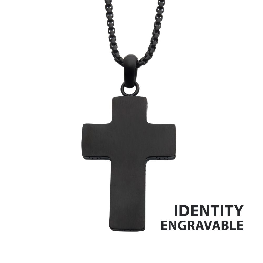 Black Ip Engravable Cross Pendant With Round Box Chain
