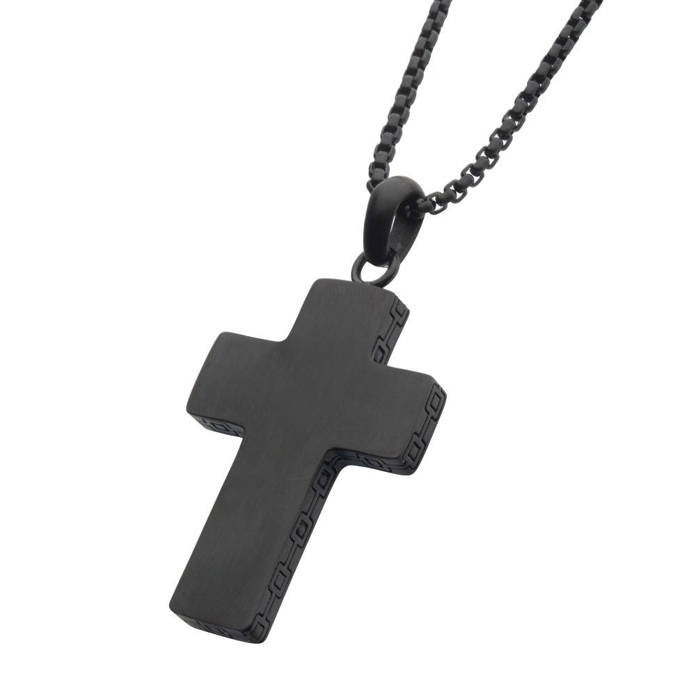 Black Ip Engravable Cross Pendant With Round Box Chain