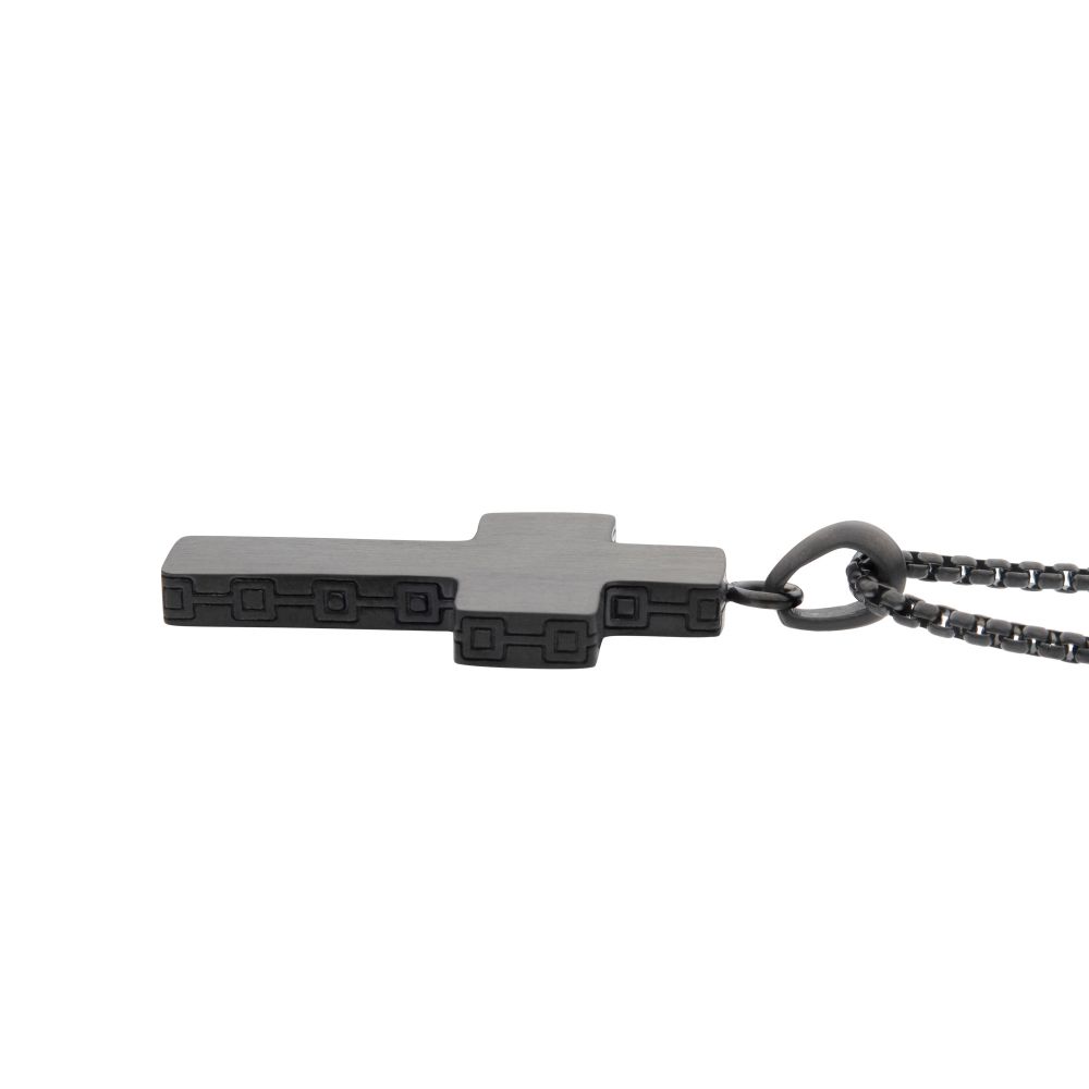 Black Ip Engravable Cross Pendant With Round Box Chain