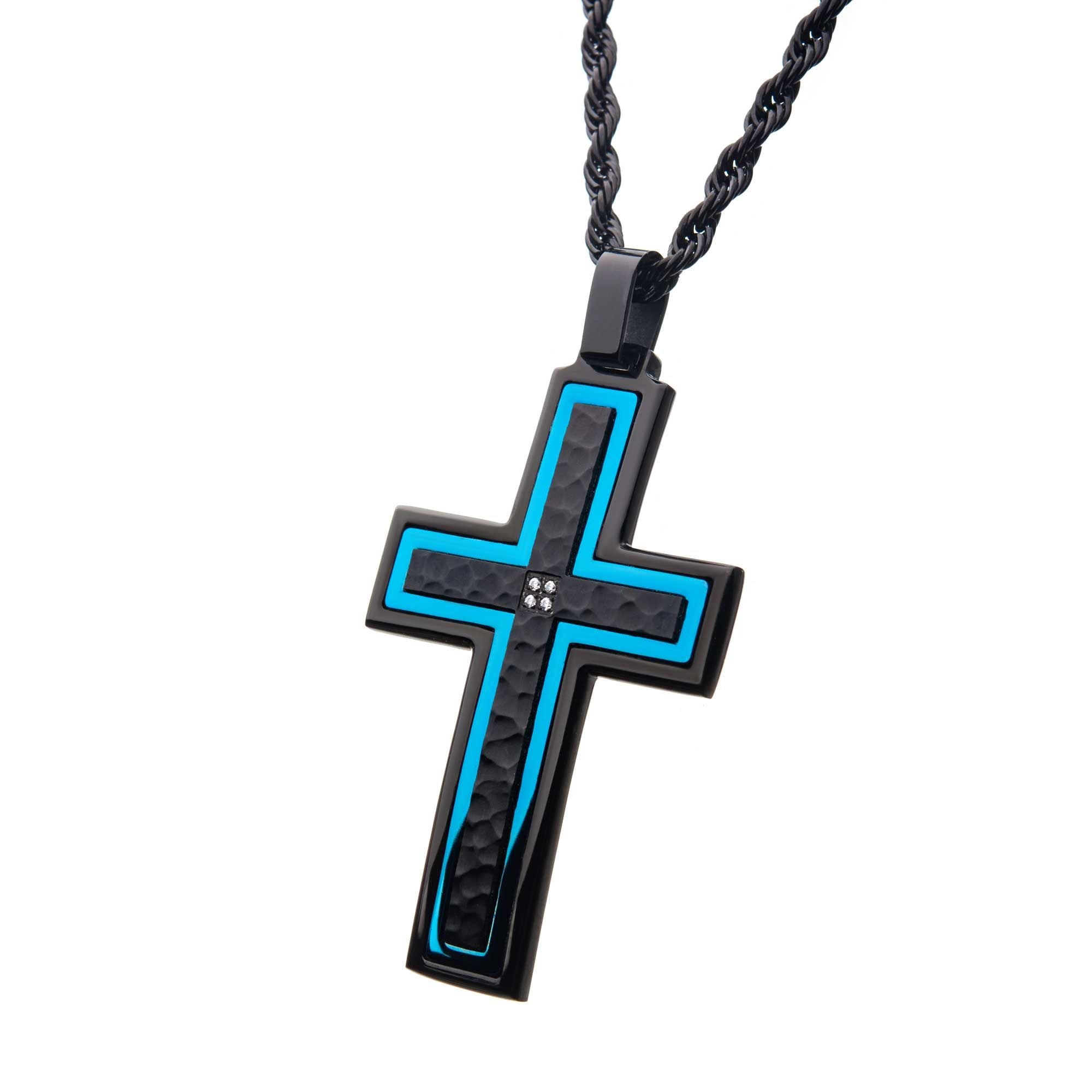 Hammered Blue Line Cross With Cz Stainless Steel Pendant (ssp20975kbnk1)