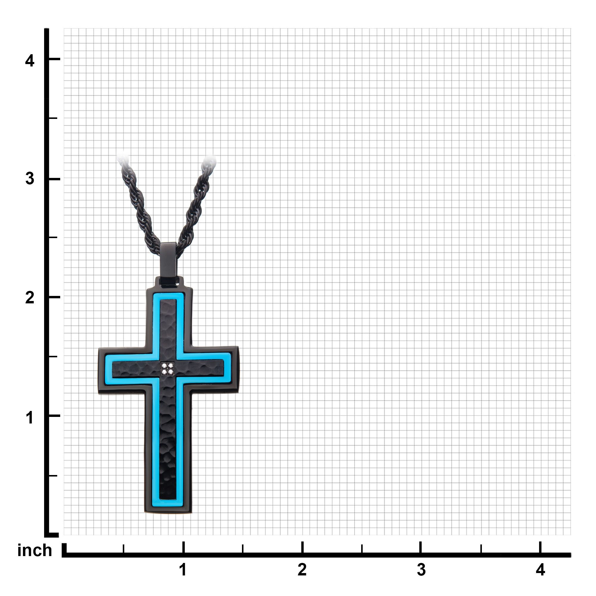 Hammered Blue Line Cross With Cz Stainless Steel Pendant (ssp20975kbnk1)