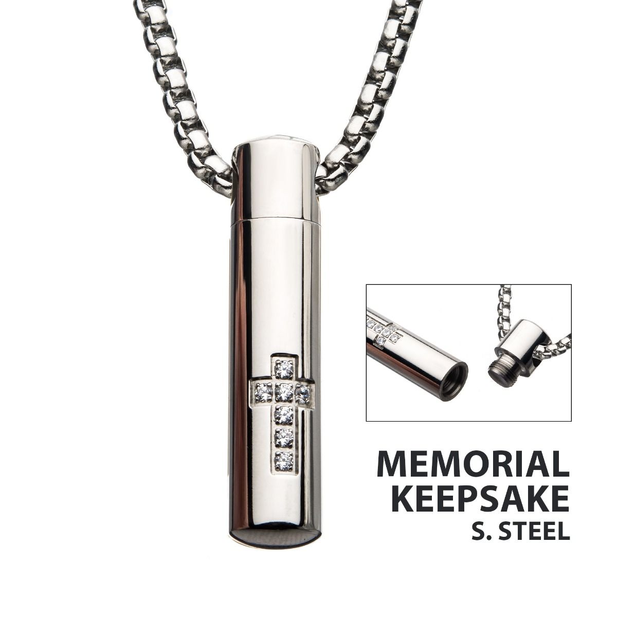 Stainless Steel Memorial Cross Pendant with Clear CZ & Steel Box Chain