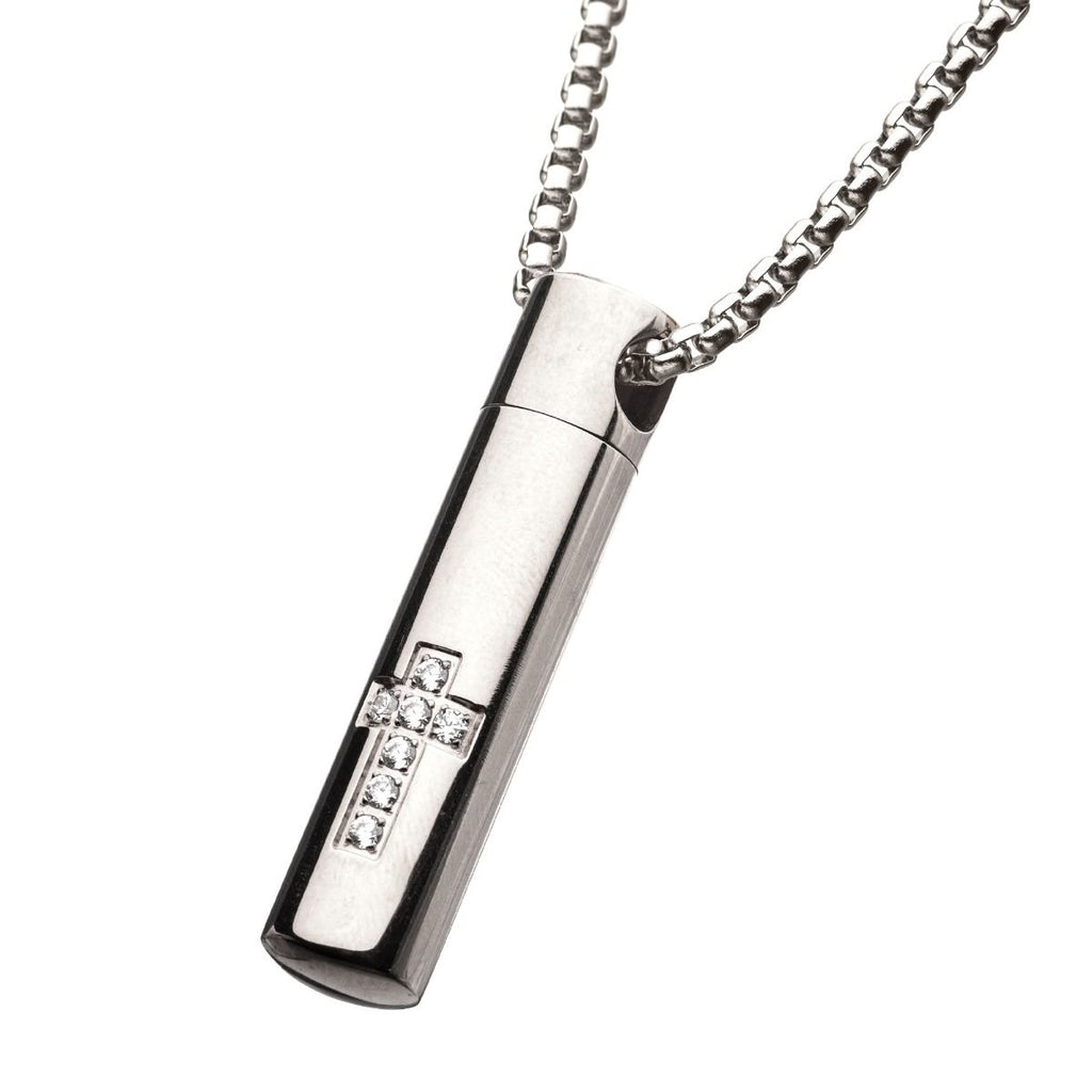 Stainless Steel Memorial Cross Pendant with Clear CZ & Steel Box Chain